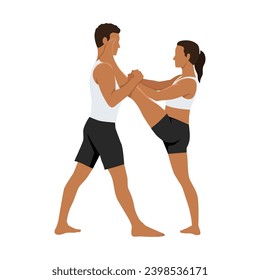 Young couple doing stretching exercise, Extended Hand to Big Toe yoga pose, Utthita Hasta Padangushthasana with partner or coach assistance. Flat vector illustration isolated on white background