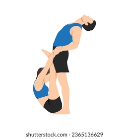 Young couple doing stretching exercises together, yoga, fitness with partner. Flat vector illustration isolated on white background