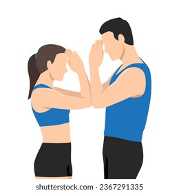 Young couple doing stretching exercises flexible body acrobatic poses yoga woman and man do gymnastics warm up. Flat vector illustration isolated on white background