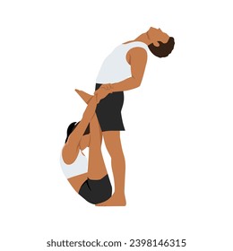 Young couple doing stretching exercises together, yoga, fitness with partner. Flat vector illustration isolated on white background