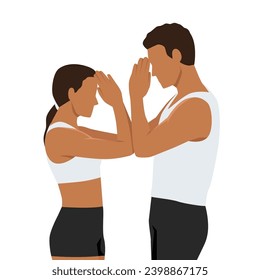 Young couple doing stretching exercises flexible body acrobatic poses yoga woman and man do gymnastics warm up. Flat vector illustration isolated on white background