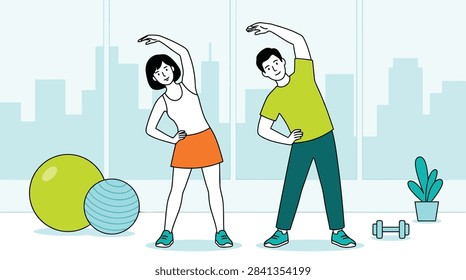 Young Couple Doing Stretching Exercises in Modern Gym Studio with City View Vector Illustration