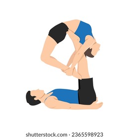 Young couple doing Urdhva Dhanurasana couple yoga exercise. Flat vector illustration isolated on white background