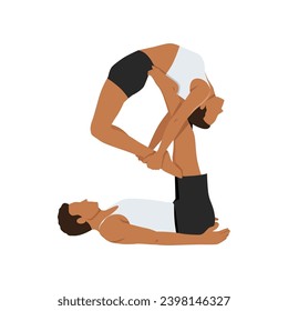 Young couple doing Urdhva Dhanurasana couple yoga exercise. Flat vector illustration isolated on white background