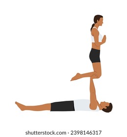 Young couple doing utkatasana couple or chair pose exercise. Flat vector illustration isolated on white background