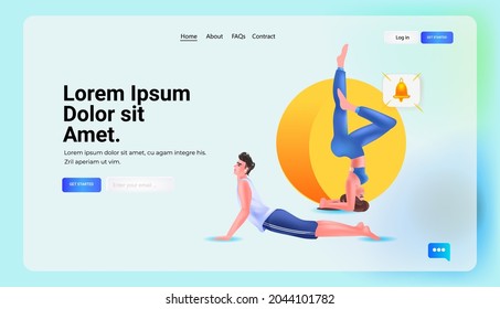 young couple doing yoga exercise relaxation healthy lifestyle fitness workout concept