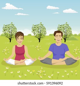 young couple doing yoga exercise in park in summer