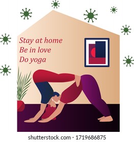 Young couple doing yoga. Married couple exercising yoga at home flat color vector. Family sits at home on self-isolation, quarantine. Stay Home Stay Safe. Family stay safe indoor. Vector, eps10