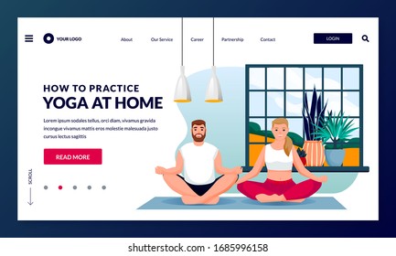 Young couple doing yoga, sitting in lotus position. Home yoga exercise practice, meditation. Vector flat cartoon man and woman characters illustration. Healthy lifestyle, relaxing time at home