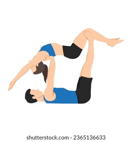 Young couple doing yogi practicing high flying whale acro yoga pose. Young man balancing a woman on his feet. Flat vector illustration isolated on white background