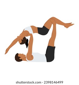 Young couple doing yogi practicing high flying whale acro yoga pose. Young man balancing a woman on his feet. Flat vector illustration isolated on white background