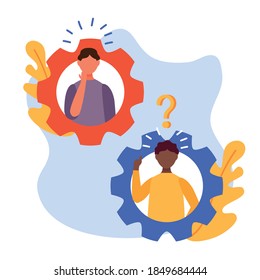 jóvenes parejas dudando con signo de interrogación diseño de ilustración vectorial