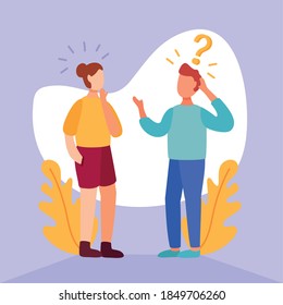 young couple doubting with question mark vector illustration design