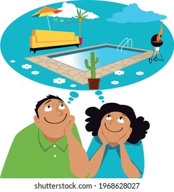 Joven pareja soñando con una piscina en el suelo para su casa, EPS 8 ilustración vectorial