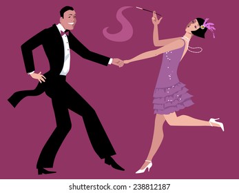 Young Couple Dressed In 1920s Fashion Dancing The Charleston, Vector Cartoon