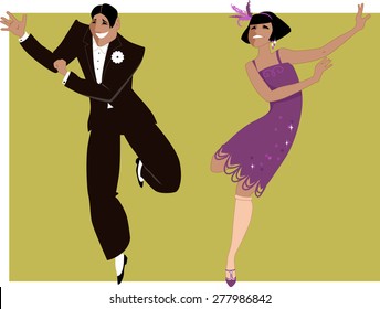 Young couple dressed in 1920s fashion dancing the Charleston, vector illustration, no transparencies, EPS 8