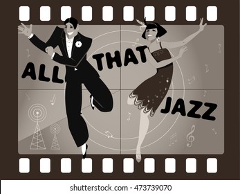 Young couple dressed in 1920s fashion dancing the Charleston in an old movie frame, EPS 8 vector illustration, no transparencies