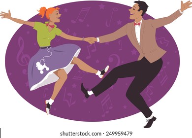 Young couple dressed in 1950s fashion dancing rock and roll or boogie, vector illustration, no transparencies, EPS 8