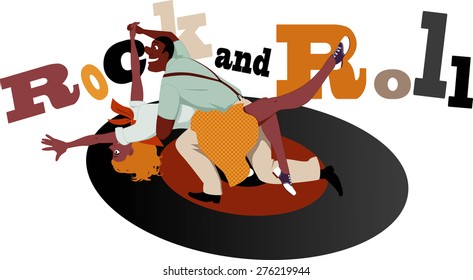 Young couple dressed in 1950s fashion dancing on a vinyl record, lettering "rock and roll" on the background, vector illustration, no transparencies, EPS 8
