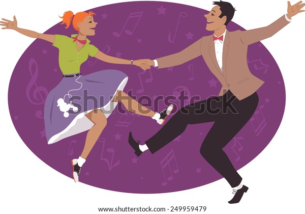 Young\
couple dressed in 1950s fashion dancing rock and roll or boogie,\
vector illustration, no transparencies, EPS\
8