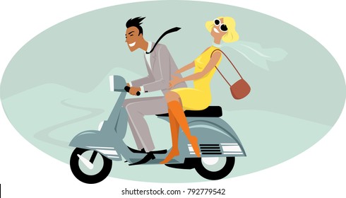 Young couple dressed in 1960s fashion riding a vintage scooter, EPS 8 vector illustration