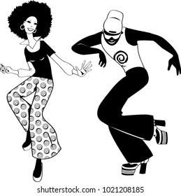 Young couple dressed in 1970s fashion dancing in a disco club, black EPS 8 vector silhouette, no white objects