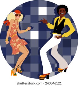 Young couple dressed in 1970s fashion dancing disco, vector illustration, no transparencies, EPS 8