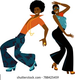 Young couple dressed in 1970s fashion dancing disco, EPS 8 vector illustration