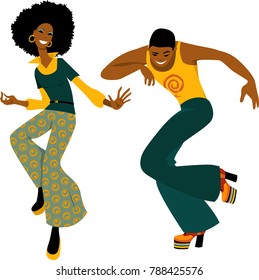 Young couple dressed in 1970s fashion dancing disco, EPS 8 vector illustration