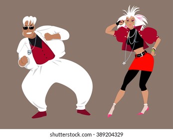 Young couple dressed in 1980s fashion dancing, EPS 8 vector illustration, no transparencies