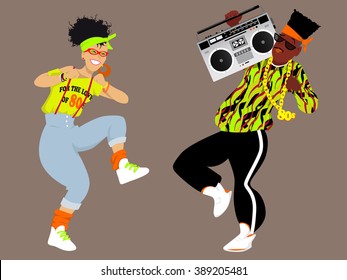 Young couple dressed in 1980s fashion listening music from a boombox and dancing, EPS 8 vector illustration
