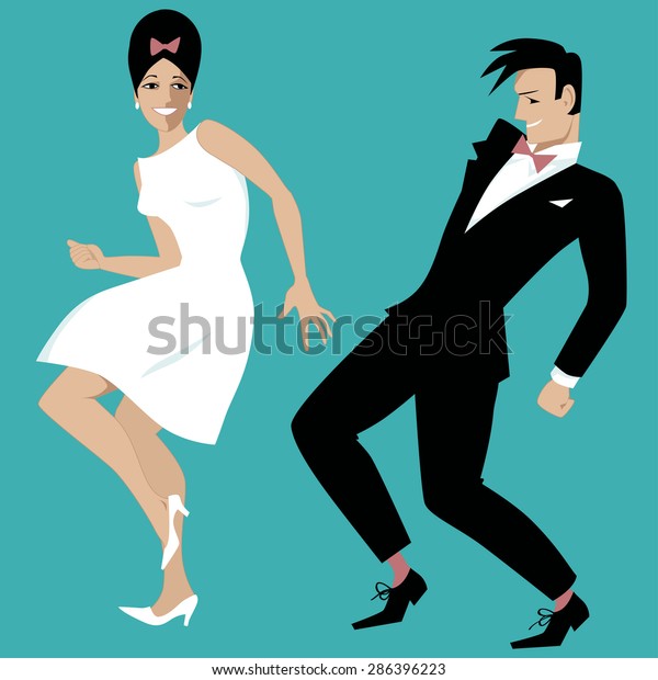 Young\
couple dressed in early 1960s fashion dancing rock and roll or the\
twist, vector illustration, no white objects, EPS\
8