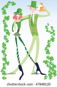 Young couple dressed in green costumes at the carnival in the St. Patrick's Day