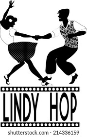 Young couple dressed in late 1940s style clothes dancing lindy hop, black vector silhouette, no white