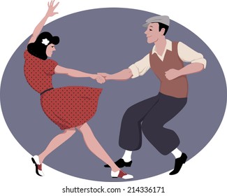 Young Couple Dressed In Late 1940s Style Clothes Dancing Lindy Hop, Vector Illustration