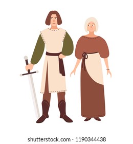 Young couple dressed in middle ages clothes. Smiling boyfriend and girlfriend. Historical reenactment and role playing games subculture or counterculture. Vector illustration in flat cartoon style.