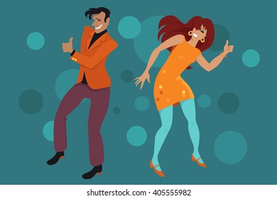 Young couple dressed in retro style clothes doing the Hitch Hike dance, EPS 8 vector illustration