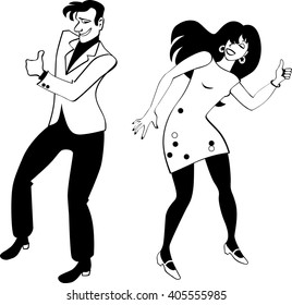 Young couple dressed in retro style clothes doing the Hitch Hike dance, EPS 8 vector silhouette, no white objects