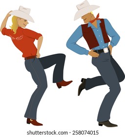 Young couple dressed in traditional Western style attire, cowboy boots and stetson hats, dancing, vector illustration, no transparencies, EPS 8