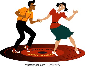 Young couple dressed in vintage attire dancing lindy hop on a vinyl record