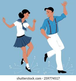 Young couple dressed in vintage fashion step-dancing, music notes flying from under their feet, vector illustration, no transparencies, EPS 8