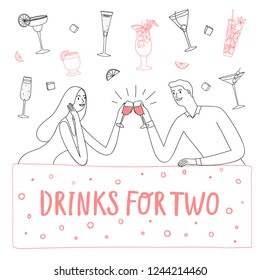 A young couple drinking at the bar. Romantic event. Including doodle set of cocktail drinks. Hand drawn vector cartoon illustration for your design.