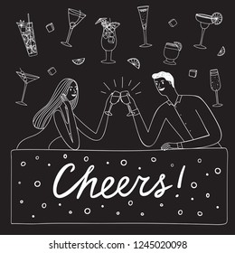 A young couple drinking at the bar. Romantic event. Including doodle set of cocktail drinks on black background. Hand drawn vector illustration for your design.