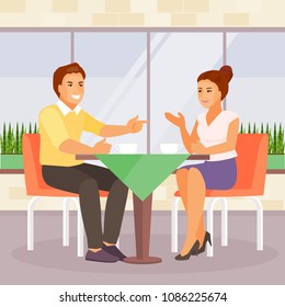 Young couple drinking coffee in a cafe. Date and communication. Vector illustration