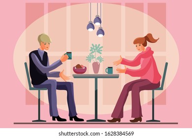 Young Couple Drinking Coffee in Cafe in Paris. Characters Sitting at Table Drinking Hot Beverages. Cartoon Flat Vector Illust