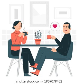 Young couple drinking coffee and dating, illustration concept.