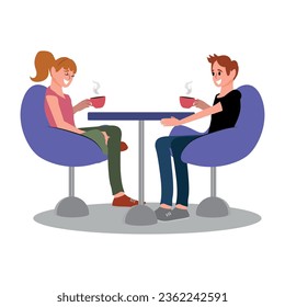 Young couple drinking coffee, man and woman are on a date having a cup of coffee in a cafe. Vector illustration.