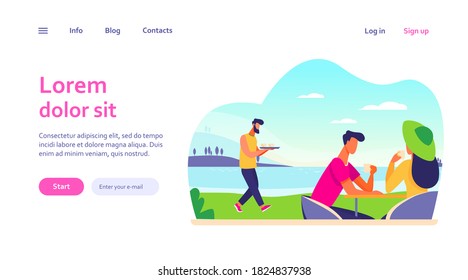 Young couple drinking coffee near lake. Date, sea, cafe, relaxing flat vector illustration. Weekend and nature concept for banner, website design or landing web page