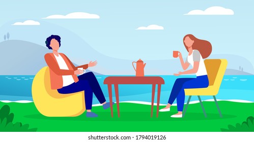 Una pareja joven tomando café en la orilla del lago. Pareja de hombre y mujer que sale con una ilustración vectorial plana al aire libre. Reunión romántica, romance, concepto de vacaciones para banner, diseño de sitio web o página web de aterrizaje