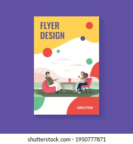 Young couple drinking coffee on lake shore. Couple man and woman dating outdoor flat vector illustration. Romantic meeting, romance, vacation concept for banner, website design or landing web page